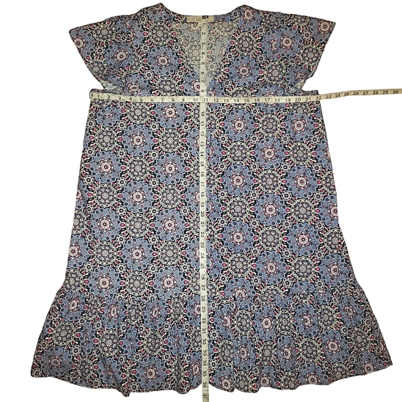 Loft Medallion Print Button Front Drop Waist Ruffle Flounce Mini Swing Dress L - Picture 14 of 16